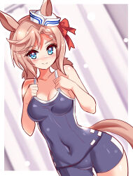 Rule 34 | 1girl, animal ears, blue eyes, blue one-piece swimsuit, blush, braid, braided bangs, closed mouth, commentary, commission, cougar (cougar1404), covered navel, cowboy shot, dixie cup hat, dutch angle, ears through headwear, hair ribbon, hat, horse ears, horse girl, horse tail, light brown hair, light frown, looking at viewer, medium hair, military hat, one-piece swimsuit, red ribbon, ribbon, skeb commission, solo, standing, swimsuit, tail, tracen swimsuit, umamusume, venus paques (umamusume), white hat