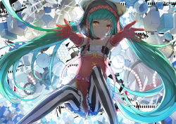 Rule 34 | 1girl, aliasing, aqua hair, bow, cat food (vocaloid), choker, elbow gloves, gloves, hat, hatsune miku, long hair, orange eyes, project diva (series), project diva f, solo, striped clothes, striped thighhighs, thighhighs, twintails, vertical-striped clothes, vertical-striped thighhighs, vocaloid, zzzzxxx2010nian