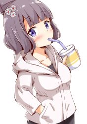 Rule 34 | 1girl, aikawa ryou, black pants, blush, bottle, brown hair, contemporary, copyright request, drinking, drinking straw, grey hoodie, hand in pocket, highres, holding, holding bottle, hood, hoodie, long sleeves, looking at viewer, official alternate costume, pants, purple eyes, simple background, soda bottle, solo, white background