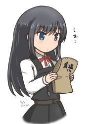 Rule 34 | 1girl, artist name, asashio (kancolle), bag, belt, black hair, blue eyes, blush, bow, buttons, collared shirt, curse (023), dated, double-breasted, dress, dress shirt, holding, holding bag, kantai collection, long hair, long sleeves, neck ribbon, paper bag, pinafore dress, red ribbon, ribbon, shirt, sleeveless, sleeveless dress, solo, translation request, white shirt