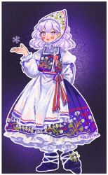 Rule 34 | 1girl, :d, alternate costume, apron, arm behind back, artist name, border, commentary, dot nose, dress, english commentary, floral print, frilled dress, frills, full body, hand up, head scarf, highres, k0nfette, letty whiterock, long sleeves, looking at viewer, medium hair, open mouth, outline, pointy ears, print dress, purple background, purple dress, purple eyes, purple footwear, purple hair, purple ribbon, red ribbon, ribbon, shoes, signature, silver hair, slavic clothes, smile, snowflakes, solo, standing, striped ribbon, striped sash, touhou, twitter username, wavy hair, white apron, white border, white headwear, white outline, white sleeves