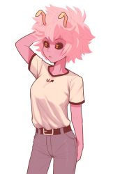 Rule 34 | 10s, 1girl, arm behind head, ashido mina, belt, black sclera, boku no hero academia, clothes writing, colored sclera, colored skin, denim, highres, horns, jeans, open mouth, pants, pink hair, pink skin, sally (luna-arts), shirt, short hair, simple background, solo, t-shirt, white background, white shirt, yellow eyes