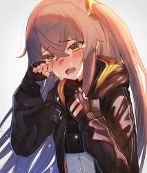 Rule 34 | 1girl, black gloves, black jacket, blush, brown hair, dakunesu, fingerless gloves, girls&#039; frontline, gloves, hair ornament, hairclip, hand on own face, highres, jacket, long hair, looking down, open clothes, open jacket, open mouth, solo, tears, twintails, ump45 (girls&#039; frontline), upper body, white background, yellow eyes