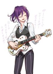 Rule 34 | 1girl, :d, aya shachou, bang dream!, black vest, collared shirt, closed eyes, facing viewer, formal, highres, holding, holding instrument, holding plectrum, instrument, long sleeves, medium hair, music, open mouth, pant suit, pants, playing instrument, plectrum, ponytail, seta kaoru, shirt, smile, solo, suit, translation request, vest, white shirt, wing collar