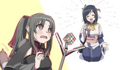 Rule 34 | 2girls, @ @, absurdly long hair, aged up, ainu clothes, animal ears, aquaplus, arm up, black hair, blush, breasts, cait sith (utawarerumono: lost flag), closed eyes, comb, cowboy shot, dress, hair ornament, hair ribbon, highres, holding, holding comb, kneeling, kuon (utawarerumono), layered sleeves, long hair, long sleeves, long twintails, looking at another, low-tied long hair, medium breasts, mole, mole under eye, multiple girls, nekone (utawarerumono), open mouth, parted bangs, raised eyebrows, ribbon, sash, scarf, sidelocks, swept bangs, tail, twintails, utawarerumono, utawarerumono: itsuwari no kamen, utawarerumono: lost flag, very long hair, wavy mouth, wide-eyed, yellow scarf, yo (artist)