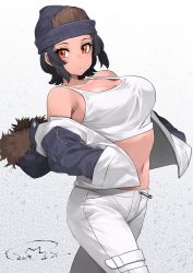 Rule 34 | 1girl, bare shoulders, black hair, breasts, collarbone, commentary request, cowboy shot, dated, fur trim, gorilla (kemono friends), hands in pockets, happa (cloverppd), hat, kemono friends, large breasts, looking at viewer, midriff, navel, orange eyes, pants, shirt, short hair, solo, tank top, white pants, white shirt, zipper pull tab