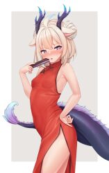 Rule 34 | 1girl, absurdres, ahoge, animal ears, bare arms, blonde hair, blue hair, blush, breasts, china dress, chinese clothes, covered navel, cowboy shot, dragon girl, dragon horns, dragon tail, dress, enna alouette, folding fan, grey background, hand fan, hand on own hip, highres, holding, holding fan, horns, looking at viewer, multicolored hair, nijisanji, nijisanji en, open mouth, purple eyes, red dress, sleepypudding, sleeveless, sleeveless dress, small breasts, solo, streaked hair, tail, two-tone background, virtual youtuber, white background