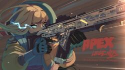 Rule 34 | 1girl, alternate hair length, alternate hairstyle, animification, apex legends, assault rifle, blue eyes, blue gloves, breasts, commentary, commission, copyright name, english commentary, eye trail, floating hair, gloves, gun, holding, holding gun, holding weapon, hood, hood down, hooded jacket, jacket, kabiyapyo, light trail, lightning bolt symbol, long hair, medium breasts, mixed-language commentary, orange jacket, r-301 carbine, rifle, skeb commission, solo, wattson (apex legends), weapon