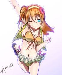 Rule 34 | 10s, 1girl, arm up, armpits, artist name, atonia, bad id, bad pixiv id, blue eyes, blush, breasts, brown hair, cleavage, front-tie top, kosaka honoka, love live!, love live! school idol project, medium breasts, natsuiro egao de 1 2 jump!, navel, one eye closed, side ponytail, solo, swimsuit, white background