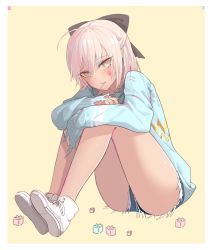 Rule 34 | 1girl, absurdres, ahoge, bad id, bad pixiv id, bare legs, black bow, blue shorts, blue sweater, blush, border, bow, brown background, candy, commentary, cutoffs, dark-skinned female, dark skin, denim, denim shorts, facial mark, fate/grand order, fate (series), food, food in mouth, full body, grey eyes, hair between eyes, hair bow, half-closed eyes, half updo, head tilt, highres, hugging own legs, huyou (awegk), laces, lego, legs together, lollipop, long sleeves, looking at viewer, medium hair, mouth hold, okita souji (fate), okita souji alter (fate), okita souji alter (first ascension) (fate), pink hair, shoes, short shorts, shorts, sidelocks, simple background, sitting, slit pupils, smile, solo, star (symbol), star facial mark, sweater, torn clothes, torn sweater, tsurime, white border, white footwear