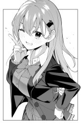 Rule 34 | 1girl, ;), blush, bow, bowtie, byte (allbyte), cardigan, greyscale, hair ornament, hairclip, hand on own hip, highres, kantai collection, long hair, looking at viewer, monochrome, one eye closed, open cardigan, open clothes, school uniform, smile, solo, suzuya (kancolle), suzuya kai ni (kancolle), v, vest