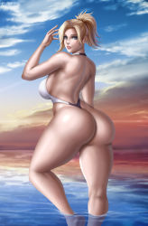 Rule 34 | 1girl, ass, bare shoulders, bikini, blonde hair, blue eyes, breasts, flowerxl, from behind, huge ass, large breasts, long hair, looking at viewer, mercy (overwatch), overwatch, overwatch 1, ponytail, shiny skin, sideboob, smile, solo, swimsuit, thong bikini
