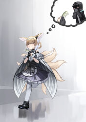 Rule 34 | 1girl, 1other, absurdres, animal ears, arknights, bare shoulders, black coat, black dress, black footwear, black gloves, blonde hair, blue hairband, blush, braided hair rings, closed eyes, closed mouth, coat, corset, doctor (arknights), dress, flower, fox ears, fox girl, fox tail, frilled dress, frills, full body, gloves, hairband, highres, holding, holding flower, hood, hood up, hooded coat, kimsuwan2013, lily of the valley, mask, material growth, multicolored hair, oripathy lesion (arknights), pantyhose, running, short hair, single glove, smile, suzuran (arknights), tail, thought bubble, two-tone hair, white flower, white hair, white pantyhose, wrist cuffs