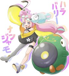 Rule 34 | 1girl, :d, absurdres, bellibolt, black shorts, bow-shaped hair, commentary request, creatures (company), game freak, green hair, grey footwear, grey shirt, hair ornament, happy, highres, iono (pokemon), jacket, long hair, multicolored hair, nintendo, nru puso, open mouth, pink hair, pokemon, pokemon (creature), pokemon sv, sharp teeth, shirt, shoes, shorts, single leg pantyhose, sleeveless, sleeveless shirt, smile, teeth, thigh strap, twintails, two-tone hair, upper teeth only, yellow jacket
