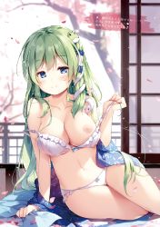 Rule 34 | 1girl, arm support, bare arms, bare legs, bare shoulders, blue bow, blue eyes, blue kimono, blurry, blurry background, blush, bow, bow bra, bow panties, bra, breasts, cherry blossoms, cleavage, collarbone, day, frilled bra, frilled panties, frills, frog hair ornament, green hair, hair between eyes, hair censor, hair ornament, hair tubes, half-closed eyes, hand up, highres, indoors, japanese clothes, kimono, kochiya sanae, large breasts, long hair, looking at viewer, miyase mahiro, navel, nipples, non-web source, panties, parted lips, petals, sitting, sliding doors, smile, snake hair ornament, solo, spring (season), stomach, strap gap, strap slip, touhou, translation request, tree, underwear, very long hair, white bra, white panties