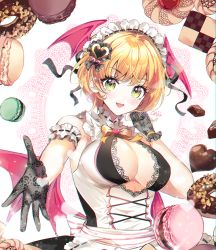 Rule 34 | 1girl, :d, arm garter, armband, bare shoulders, bat wings, black gloves, blonde hair, breasts, candy, checkerboard cookie, chocolate, chocolate heart, chromatic aberration, cleavage, cleavage cutout, clothing cutout, collar, commentary, cookie, doily, doughnut, food, foreshortening, frilled armband, frilled collar, frills, gloves, green eyes, hair ornament, head wings, heart, heart hair ornament, idolmaster, idolmaster cinderella girls, lace, looking at viewer, macaron, maid headdress, medium breasts, miyamoto frederica, nyaong9, open mouth, outstretched arm, pink background, ribbon, short hair, sidelocks, sleeveless, smile, solo, thumbprint cookie, two-tone background, upper body, white background, wings, yellow ribbon