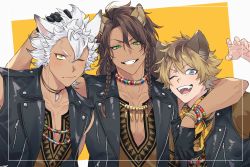Rule 34 | 3boys, ;d, ;|, african clothes, animal ears, arm around neck, bead bracelet, bead necklace, beads, biker clothes, black gloves, blonde hair, blue eyes, bracelet, braid, brown hair, claw pose, collarbone, dark-skinned male, dark skin, dashiki, fangs, frown, gloves, gnb0102, gold necklace, green eyes, hair between eyes, hand in another&#039;s hair, hand on another&#039;s head, highres, hyena boy, hyena ears, jack howl, jewelry, leather vest, leona kingscholar, light blush, lion boy, lion ears, long bangs, long hair, looking at viewer, male focus, multiple boys, neckerchief, necklace, one eye closed, open mouth, pale skin, pectoral cleavage, pectorals, ruggie bucchi, scar, scar across eye, scar on face, short hair, short sleeves, sleeveless, slit pupils, smile, tooth necklace, tribal print, twin braids, twisted wonderland, two-tone background, v-shaped eyebrows, viewfinder, white background, white hair, wolf boy, wolf ears, yellow background, yellow eyes, zipper