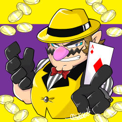 Rule 34 | 1boy, ace (playing card), ace of diamonds, black gloves, blue eyes, bow, bowtie, brown hair, buttons, card, cleft chin, coin, commentary request, cropped torso, diamond (shape), facial hair, fedora, gloves, grey shirt, grin, hands up, hat, highres, holding, holding card, lapels, looking at viewer, male focus, mario (series), multicolored clothes, mustache, nintendo, omu (sinsindan), playing card, pointy ears, purple background, red bow, red bowtie, shirt, short hair, short sleeves, simple background, smile, solo, striped clothes, striped shirt, teeth, thick eyebrows, two-tone background, two-tone shirt, upper body, v-shaped eyebrows, vertical-striped clothes, vertical-striped shirt, vest, wario, white shirt, yellow background, yellow hat, yellow vest