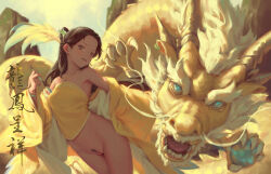 1girl bigrbear bottomless breasts brown_eyes brown_hair chinese_clothes chinese_zodiac cleft_of_venus commentary_request dragon eastern_dragon hair_ornament highres holding holding_paintbrush long_hair looking_at_viewer medium_breasts navel new_year no_panties original paintbrush pussy shirt sleeveless sleeveless_shirt translation_request year_of_the_dragon yellow_shirt