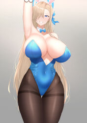 Rule 34 | 1girl, animal ears, asuna (blue archive), asuna (bunny) (blue archive), blue archive, blue bow, blue bowtie, blue eyes, blue halo, blue leotard, blush, bow, bowtie, breasts, collarbone, covered navel, detached collar, fake animal ears, gradient background, grin, hair over one eye, halo, highres, huge breasts, impossible clothes, leotard, light brown hair, pantyhose, rabbit ears, ranhatu, smile, solo, wide hips