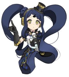 Rule 34 | 1girl, black dress, black gloves, black hat, blue hair, braid, braided bangs, commentary request, cropped legs, dress, garara s leep, gloves, hands up, hat, head chain, headphones, holding, holding microphone, idol clothes, idol time pripara, index finger raised, jewelry, kumanisu, long hair, looking at viewer, microphone, mini hat, open mouth, pretty series, pripara, simple background, solo, symbol-shaped pupils, third-party source, twintails, very long hair, white background, yellow eyes