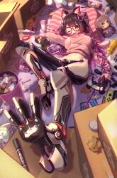Rule 34 | 1girl, android, animal ears, black-framed eyewear, box, breasts, brown hair, cardboard box, cat ears, character doll, commentary request, controller, dualsense, dualshock, dust, ena1215, feet, foot focus, foreshortening, full body, game controller, gamepad, glasses, gradient hair, groin, highres, hololive, hood, hoodie, light particles, long hair, long sleeves, looking at viewer, lying, mechanical foot, mechanical legs, medium breasts, messy room, midriff, multicolored hair, navel, nintendo switch, no pants, official alternate costume, on back, one eye closed, open mouth, pink hoodie, playstation controller, power strip, red hair, roboco-san, roboco-san (hoodie), robosaa (roboco), round eyewear, solo, stomach, stuffed animal, stuffed toy, teardrop-framed glasses, trash can, virtual youtuber, yellow eyes
