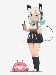 Rule 34 | 1girl, ;p, absurdres, alternate breast size, aqua eyes, artist name, bag, blue skirt, blush, breasts, bubble tea, cable, clothes around waist, commentary, crab, digitan (porforever), electric plug, english commentary, full body, gyaru, hair between eyes, headphones, highres, jacket, jacket around waist, large breasts, lightning bolt symbol, long hair, looking at viewer, loose socks, one eye closed, one eye covered, original, pleated skirt, porforever, power symbol, school uniform, shirt, short sleeves, shoulder bag, simple background, skirt, smile, socks, standing, tail, tented shirt, thighs, tongue, tongue out, untucked shirt, white background, white hair, white shirt