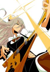 Rule 34 | 1girl, bow, bowtie, breasts, commentary, corset, electric guitar, grey hair, guitar, hair between eyes, hat, instrument, kantai collection, kenji (8zidayo), long hair, long sleeves, mini hat, miniskirt, music, playing instrument, pola (kancolle), shirt, simple background, skirt, solo, sparkling eyes, upper body, wavy hair, white background, white shirt