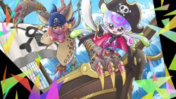 Rule 34 | 1boy, 2girls, animal ears, bastemon, breasts, cat, cat ears, dancer, digimon, digimon ghost game, hat, highres, jellyfish, jellyfish girl, jellymon, jumping, large breasts, monster girl, mouth veil, multiple girls, no humans, official art, petermon, pirate, pirate costume, pirate hat, screencap, ship, tentacle hair, tentacles, veil, watercraft, yabuno ten&#039;ya