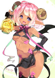 Rule 34 | 1girl, :d, ahoge, arm up, armpits, bare shoulders, black gloves, black thighhighs, bob cut, bow, bowtie, breasts, breasts apart, bridal gauntlets, character request, cleavage, colored eyelashes, commentary request, contrapposto, copyright request, covered collarbone, cowboy shot, dark-skinned female, dark skin, demon girl, demon horns, demon tail, demon wings, dot nose, elbow gloves, fang, fujishima-sei ichi-gou, gloves, halloween, hand on own hip, head tilt, highres, holding, holding lantern, horns, lantern, looking at viewer, medium breasts, navel, open mouth, pelvic curtain, pink bow, pink bowtie, pink hair, pointy ears, purple eyes, raised eyebrows, revealing clothes, shiny skin, short hair, sideboob, simple background, smile, solo, standing, tail, thighhighs, twitter username, underboob, white background, wings
