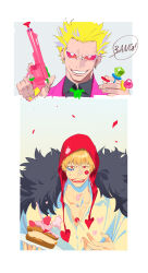 Rule 34 | 2boys, absurdres, arms up, black coat, black shirt, blonde hair, brothers, cake, cake slice, coat, collared shirt, donquixote doflamingo, donquixote rocinante, earrings, english text, firing, food, gun, heart, heart print, highres, holding, holding gun, holding plate, holding weapon, jacket, jewelry, makeup, multiple boys, multiple rings, one piece, open mouth, pink jacket, plate, red eyes, red hood, ring, shirt, short hair, siblings, smile, speech bubble, sunglasses, teeth, tobu (bilibil), weapon, white shirt