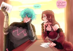 Rule 34 | 1boy, 1girl, armor, bare shoulders, black gloves, breasts, brown hair, byleth (fire emblem), byleth (male) (fire emblem), cleavage, couple, dorothea arnault, dress, earrings, english text, fire emblem, fire emblem: three houses, gloves, greaves, green eyes, green hair, grin, highres, holding, holding paper, indoors, jewelry, large breasts, long hair, looking at another, nintendo, paper, red dress, reikiwie, smile, table