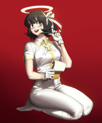 Rule 34 | 1girl, absurdres, angel, azazel (helltaker), black hair, blouse, blue eyes, blush, boots, collared shirt, ghdwid, gloves, gradient background, hair ribbon, halo, helltaker, highres, holding, holding notepad, holding pen, notepad, open mouth, pants, pants tucked in, pen, red background, ribbon, shirt, short hair, short sleeves, smile, solo, white footwear, white gloves, white pants, white ribbon, white shirt