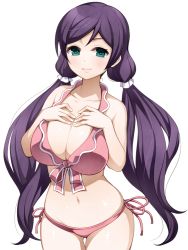 Rule 34 | 10s, 1girl, bare shoulders, bikini, blush, breasts, cleavage, front-tie top, green eyes, large breasts, long hair, looking at viewer, love live!, love live! school idol festival, love live! school idol project, navel, pink bikini, purple hair, revision, side-tie bikini bottom, simple background, smile, solo, swimsuit, torigoe takumi, tojo nozomi, twintails, very long hair, white background
