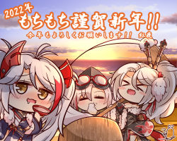 Rule 34 | &gt; &lt;, 2022, 3girls, :d, = =, > <, absurdres, alcohol, antenna hair, azur lane, bare shoulders, benizika, black kimono, blush, blush stickers, breasts, bridal gauntlets, chibi, choker, cleavage, collarbone, commentary request, cross, cross choker, cup, drunk, eating, food, fur-trimmed kimono, fur-trimmed sleeves, fur trim, goggles, goggles on head, hair between eyes, hair ornament, hair stick, headgear, highres, holding, holding cup, holding mallet, iron cross, japanese clothes, kimono, kine, large breasts, long hair, long sleeves, looking at viewer, mallet, mochi, mochitsuki, multicolored clothes, multicolored hair, multicolored kimono, multiple girls, nengajou, new year, obi, obijime, off shoulder, official alternate costume, open mouth, orange eyes, parted bangs, prinz adalbert (azur lane), prinz eugen (azur lane), prinz eugen (profusion of flowers) (azur lane), prinz heinrich (azur lane), prinz heinrich (fireworks and tapestries) (azur lane), red hair, sakazuki, sake, saliva, sash, sideboob, sidelocks, signature, smile, standing, streaked hair, sunrise, translation request, twintails, two side up, very long hair, white hair, wide sleeves, xd