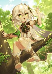 Rule 34 | 1girl, ar (rikuesuto), cape, cross-shaped pupils, detached sleeves, dress, feet, genshin impact, gold trim, gradient hair, green eyes, green hair, hair between eyes, hair ornament, in tree, long hair, multicolored hair, nahida (genshin impact), open mouth, pointy ears, side ponytail, sitting, sitting in tree, smile, soles, solo, symbol-shaped pupils, toeless legwear, toes, tree, white dress, white hair