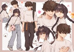 Rule 34 | 1boy, 1other, ahoge, androgynous, animal bag, belt, black hair, blush, braid, braided ponytail, casual, drink, fate/grand order, fate/samurai remnant, fate (series), gradient hair, hair intakes, hair ribbon, hand on another&#039;s shoulder, heads together, highres, holding, holding drink, jewelry, long hair, low ponytail, low twin braids, miyamoto iori (fate), multicolored hair, necklace, orange eyes, pants, pig, ponytail, pout, printemps, ribbon, shirt, shoes, sidelocks, single braid, sneakers, streetwear, twin braids, white shirt, yamato takeru (fate)