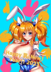 Rule 34 | 1girl, 2023, alternate costume, animal ears, artist request, blonde hair, blue background, blue eyes, blue leotard, breasts, chinese zodiac, cleavage, dated, detached collar, english text, fake animal ears, gloves, happy new year, highleg, highleg leotard, highres, huge breasts, leotard, long hair, looking at viewer, new year, official alternate costume, onizaki kirara, playboy bunny, rabbit ears, revealing clothes, shiny skin, simple background, smile, taimanin (series), taimanin rpgx, twintails, year of the rabbit