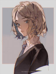 Rule 34 | 1girl, artist name, black jacket, blonde hair, blue eyes, blue necktie, border, character name, collared shirt, colored inner hair, commentary, english commentary, grey background, grey border, grey hair, gwen stacy, jacket, kawacy, lips, looking at viewer, marvel, multicolored hair, necktie, outside border, shirt, short hair, simple background, smile, solo, spider-man: into the spider-verse, spider-man (series), spider-verse, striped, striped necktie, teeth, white shirt