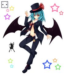 Rule 34 | 1girl, alternate costume, alternate headwear, bat wings, belt, blue hair, blush, breasts, cleavage, female focus, flandre scarlet, formal, hat, hat ribbon, highres, long sleeves, mary janes, necktie, ngirln4, open clothes, open fly, open shirt, pants, red eyes, remilia scarlet, ribbon, shirt, shoes, short hair, silhouette, solo, star (symbol), suit, touhou, unzipped, wings