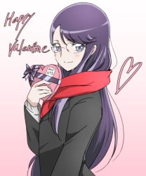Rule 34 | 10s, 1girl, artist name, blue eyes, blush, gift, glasses, heart, heartcatch precure!, long hair, looking at viewer, precure, purple hair, scarf, smile, solo, talking to viewer, translated, tsukikage oyama, tsukikage yuri, valentine, very long hair