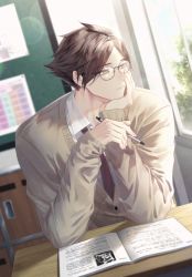 Rule 34 | 1boy, beige cardigan, black hair, book, buttons, cardigan, classroom, closed mouth, desk, glasses, haikyuu!!, hand on own face, hand rest, hemoon, holding, holding pencil, indoors, long sleeves, looking to the side, male focus, necktie, pencil, red necktie, school desk, school uniform, shirt, short hair, sitting, solo, suna rintarou, white shirt