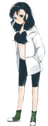 Rule 34 | 1girl, bike shorts, black hair, black lagoon, bunches, casual, fabiola iglesias, flat chest, hands in pockets, hood, hoodie, long image, midriff, nakayama naka, navel, open clothes, open hoodie, shoes, smile, sneakers, solo, sports bra, tall image, twintails