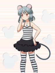 Rule 34 | 1girl, alternate costume, animal ears, bare arms, bare shoulders, black skirt, camisole, cato (monocatienus), commentary request, grey hair, jewelry, looking away, mouse ears, mouse tail, nazrin, necklace, pendant, pink background, red eyes, short hair, simple background, skirt, standing, striped camisole, striped clothes, striped thighhighs, tail, thighhighs, touhou, wavy mouth, zettai ryouiki