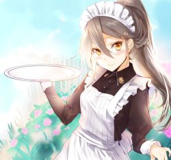 Rule 34 | 1girl, alternate costume, alternate hairstyle, apron, black dress, brown eyes, commentary request, dress, enmaided, grey hair, hair between eyes, hair ribbon, haruna (kancolle), highres, holding, holding tray, kantai collection, kyougoku touya, long hair, looking at viewer, maid, maid apron, maid headdress, ponytail, ribbon, smile, solo, tray, upper body