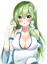 Rule 34 | 1girl, absurdres, arm under breasts, bad id, bad pixiv id, bare shoulders, blue skirt, blush, breast hold, breasts, cleavage, collarbone, collared shirt, commentary request, detached sleeves, eyelashes, frog, frog hair ornament, green eyes, green hair, hair between eyes, hair ornament, hair tubes, highres, kochiya sanae, large breasts, long hair, long sleeves, looking at viewer, no bra, open mouth, parted lips, partial commentary, ruffling hair, shinonome asu, shirt, sidelocks, simple background, skirt, sleeveless, sleeveless shirt, snake, snake hair ornament, solo, touhou, upper body, very long hair, white background, white shirt, wide sleeves