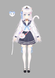 Rule 34 | 1girl, 1other, absurdres, animal ear fluff, animal ears, arms at sides, bell, beret, black footwear, blue bow, blue eyes, blue neckerchief, blue sailor collar, blue skirt, blush, bow, bow legwear, breast pocket, cat ears, cat girl, cat tail, closed mouth, fanny pack, full body, grey background, hair bell, hair bow, hair ornament, hat, highres, indie virtual youtuber, long hair, long sleeves, mary janes, miniskirt, neck bell, neckerchief, official art, paw print, pink bow, pleated skirt, pocket, sailor collar, school uniform, serafuku, shoes, sidelocks, skirt, smile, standing, tachi-e, tail, thighhighs, very long hair, virtual youtuber, white bag, white hair, white headwear, white serafuku, white tail, white thighhighs, zaoling, zettai ryouiki