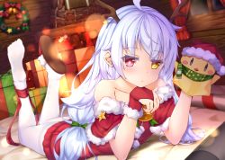 Rule 34 | 1girl, ahoge, antlers, azur lane, bell, blurry, blush, bokeh, bow, box, christmas, closed mouth, collarbone, commentary request, curtains, depth of field, dress, dutch angle, feet, fireplace, fur-trimmed dress, fur trim, gift, gift box, gloves, green bow, green neckwear, hair bow, hand puppet, hands up, hat, head rest, heterochromia, horns, indoors, legs up, light particles, long hair, looking at viewer, low twintails, lying, mole, mole under eye, nicholas (azur lane), nicholas (surprise!?) (azur lane), off shoulder, on stomach, pantyhose, pom pom (clothes), puppet, red dress, red eyes, red gloves, red hat, red ribbon, reindeer antlers, ribbon, santa costume, santa hat, shimo (shimo332215), sidelocks, slippers, solo, star (symbol), the pose, thighband pantyhose, twintails, white hair, white pantyhose, window, wreath, yellow eyes, yellow ribbon