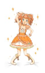 Rule 34 | 1girl, arm up, boots, bow, brown hair, choker, clenched hand, collarbone, dot nose, dress, frilled dress, frilled skirt, frills, full body, green eyes, hair bow, hand on own hip, idolmaster, idolmaster (classic), idolmaster million live!, idolmaster million live! theater days, index finger raised, jewelry, long hair, looking at viewer, nanto seki, necklace, open mouth, orange bow, orange choker, orange dress, orange ribbon, orange wristband, pendant choker, pigeon-toed, plaid, plaid ribbon, plaid sleeves, ribbon, short sleeves, skirt, solo, sparkle, standing, star (symbol), star necklace, star ornament, sweat, takatsuki yayoi, twintails, white background, white footwear
