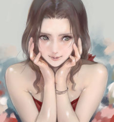 Rule 34 | 1girl, absurdres, aerith gainsborough, aerith gainsborough (red dress), bare shoulders, bracelet, brown hair, dress, final fantasy, final fantasy vii, final fantasy vii remake, flower, green eyes, hair flower, hair ornament, hand on own face, head on hand, highres, jewelry, looking to the side, official alternate costume, parted bangs, red dress, shoji sakura, sidelocks, sleeveless, sleeveless dress, smile, solo, square enix, strapless, strapless dress, upper body, wall market, wavy hair